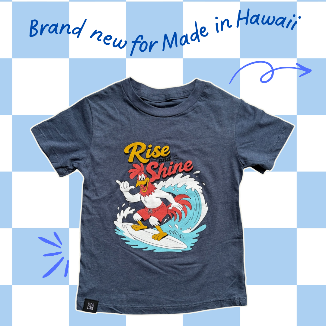 Rise and Shine kids tshirt with surfing roosters